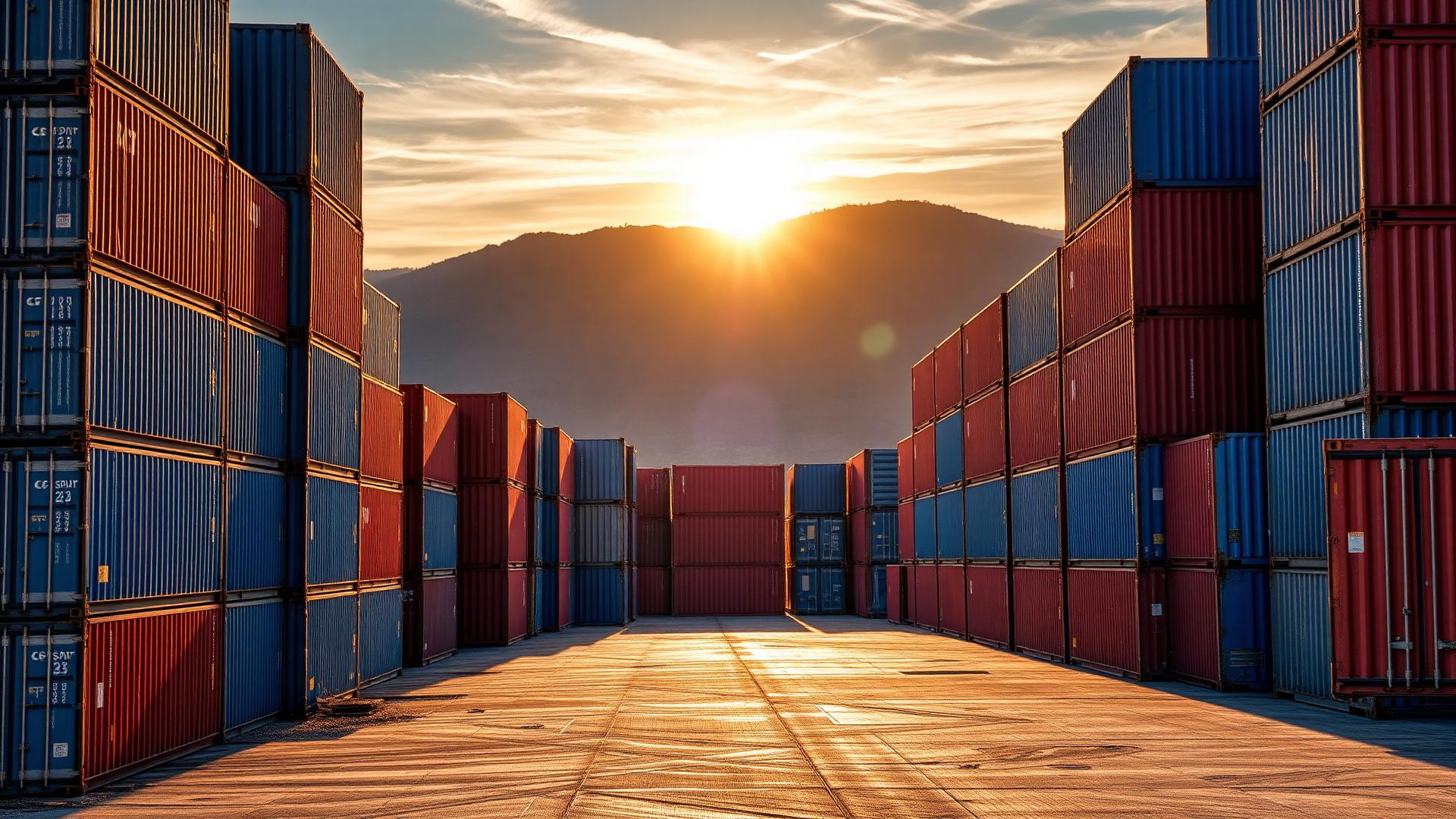 Shipping containers stacked at a Knoxville, Tennessee container depot at sunset